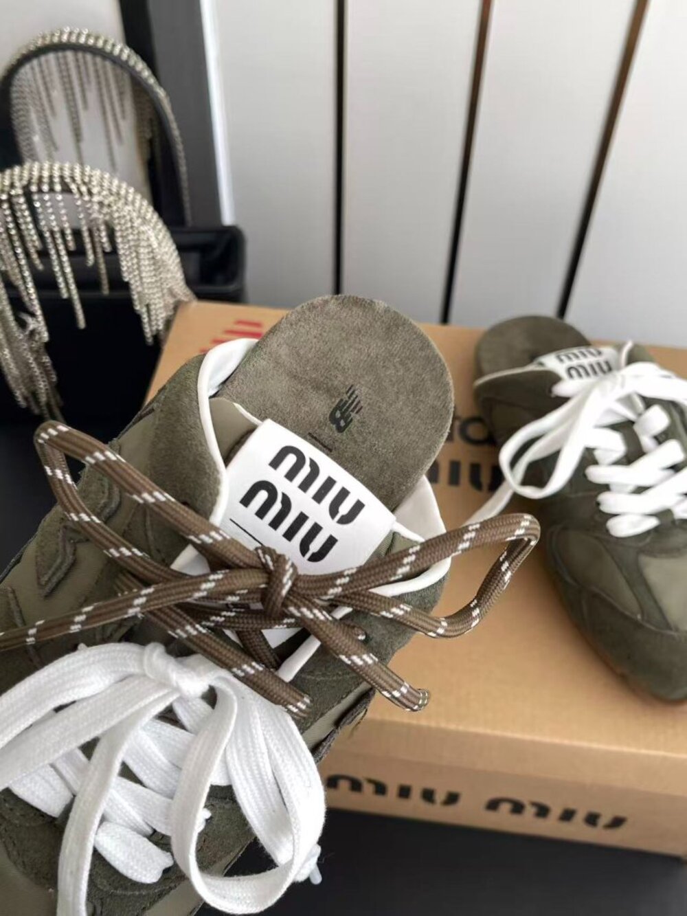 Miu Miu x New Balance Olive Green Suede Nylon Slip-On Mule Sneakers - Picture 4 of 7